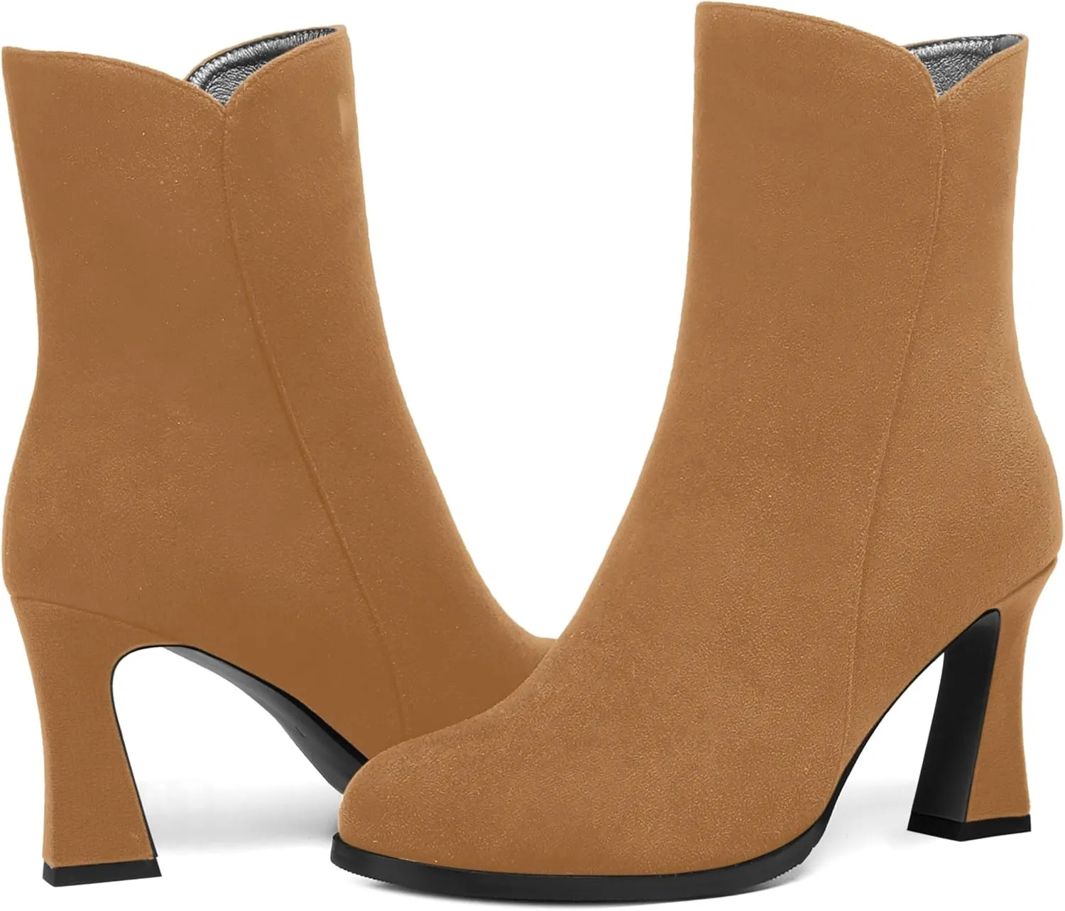 AMBELIGHT Womens Sexy Suede Evening Zip Round Toe Solid Block High Heel Ankle High Boots 3.3 Inch