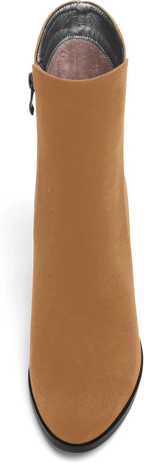 AMBELIGHT Womens Sexy Suede Evening Zip Round Toe Solid Block High Heel Ankle High Boots 3.3 Inch