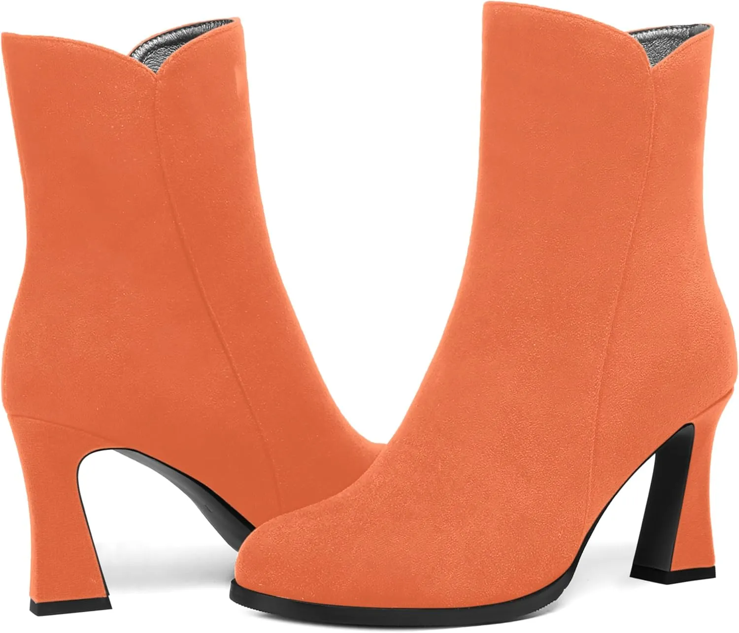 AMBELIGHT Womens Sexy Suede Evening Zip Round Toe Solid Block High Heel Ankle High Boots 3.3 Inch