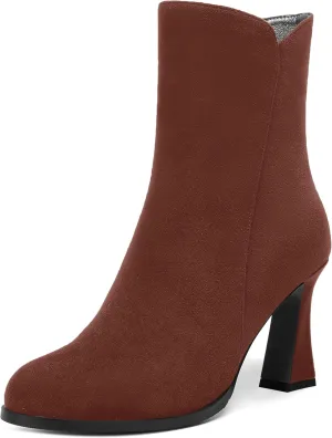 AMBELIGHT Womens Sexy Suede Evening Zip Round Toe Solid Block High Heel Ankle High Boots 3.3 Inch
