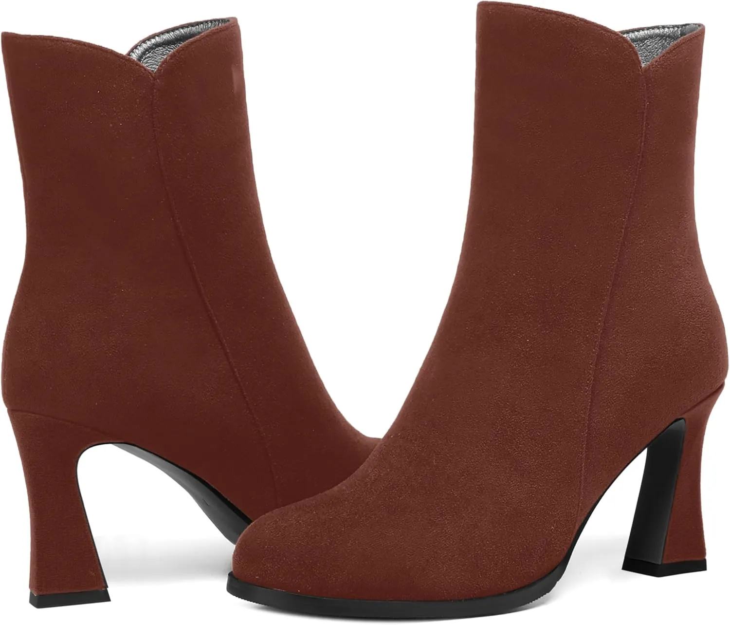 AMBELIGHT Womens Sexy Suede Evening Zip Round Toe Solid Block High Heel Ankle High Boots 3.3 Inch