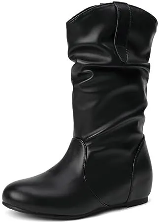 AngryMonkey Women's Wide Width Mid Calf Ankle Boots Flat Heel Slouchy Faux Leather Folds Winter Slip-on Knee High Boots Plus Size Cowgirl boot
