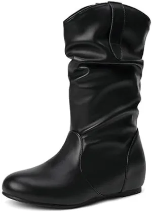 AngryMonkey Women's Wide Width Mid Calf Ankle Boots Flat Heel Slouchy Faux Leather Folds Winter Slip-on Knee High Boots Plus Size Cowgirl boot
