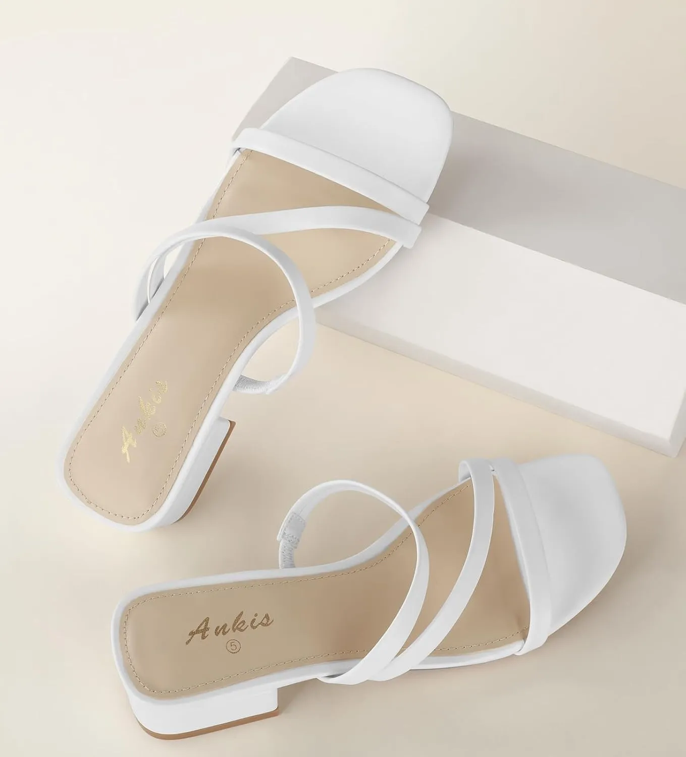 Ankis Black Nude White Strappy Heels Women 1 Inch Low Chunky Block Heel Heeled Sandals Square Open Toe Slip On Slides Mules