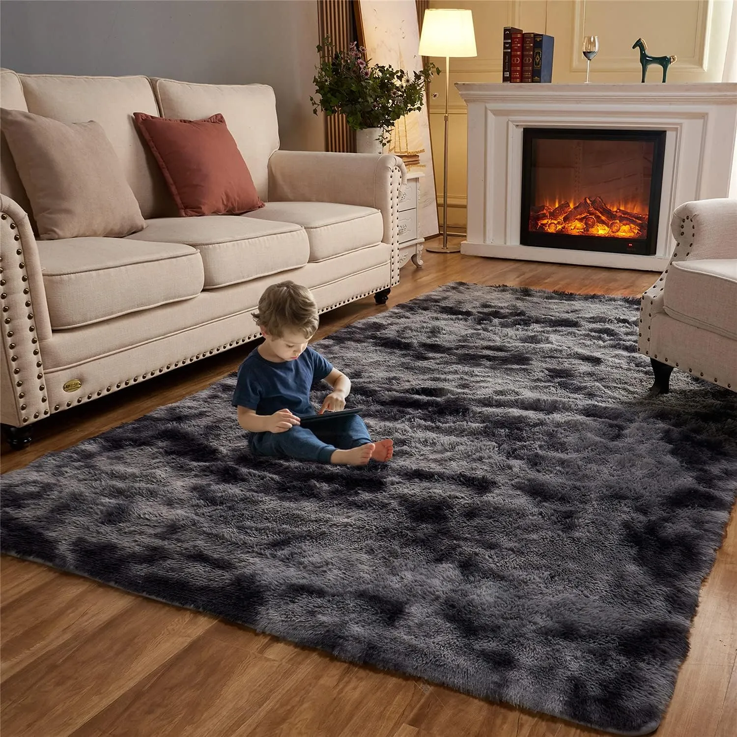 Arbosofe Area Rugs Shaggy Rugs Fluffy Carpets, 8x10 Feet Black&Gray, Modern Plush Carpets for Living Room Bedroom for Kids Girls and Boys, Playroom, and Nursery Room Home Decor