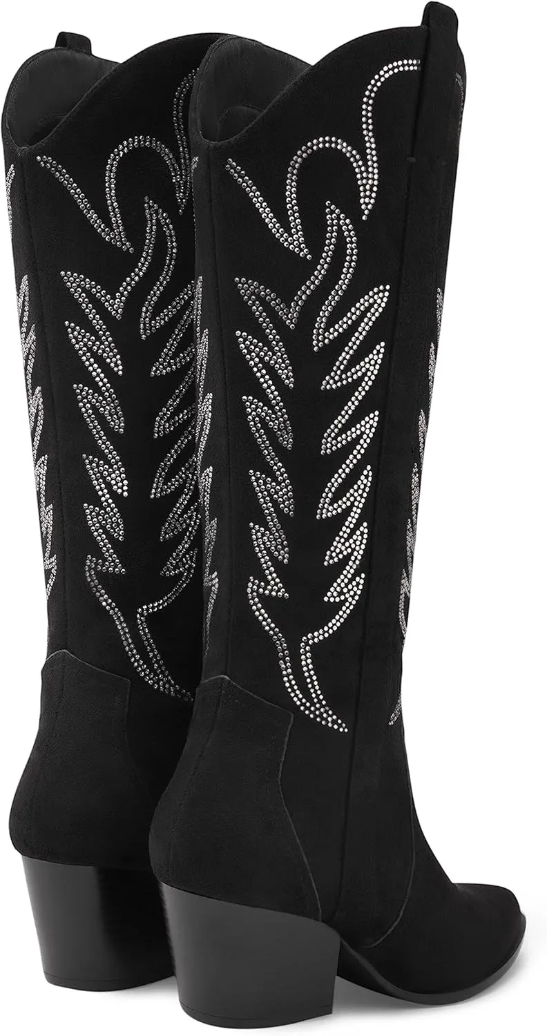 Arromic Cowboy Boots for Women Comfortable Womens Embroidered Western Cowgirl Knee High Boots Pointed Toe Zipper Chunky Heel Country Outfit Retro Tall Boots