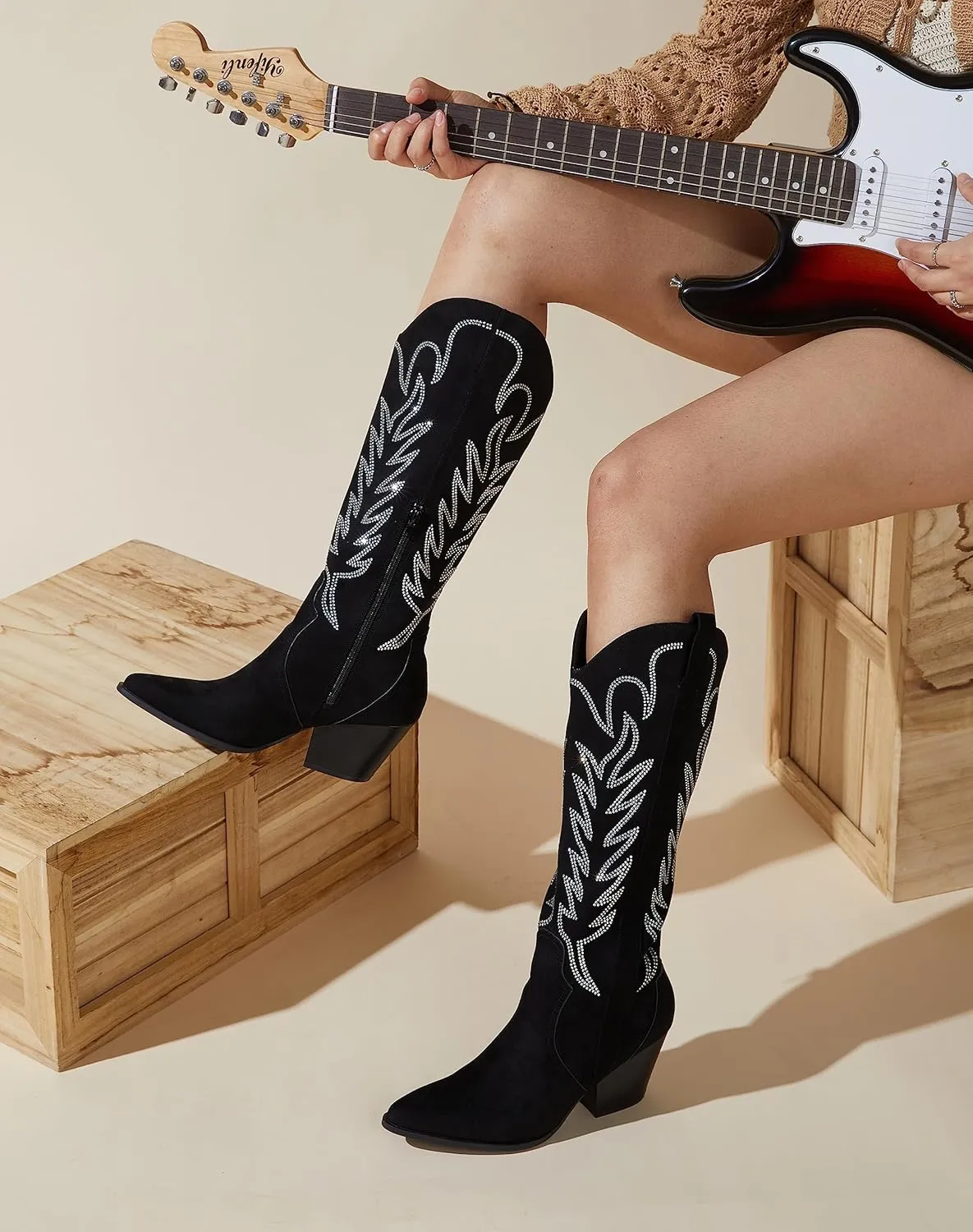 Arromic Cowboy Boots for Women Comfortable Womens Embroidered Western Cowgirl Knee High Boots Pointed Toe Zipper Chunky Heel Country Outfit Retro Tall Boots