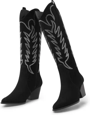 Arromic Cowboy Boots for Women Comfortable Womens Embroidered Western Cowgirl Knee High Boots Pointed Toe Zipper Chunky Heel Country Outfit Retro Tall Boots