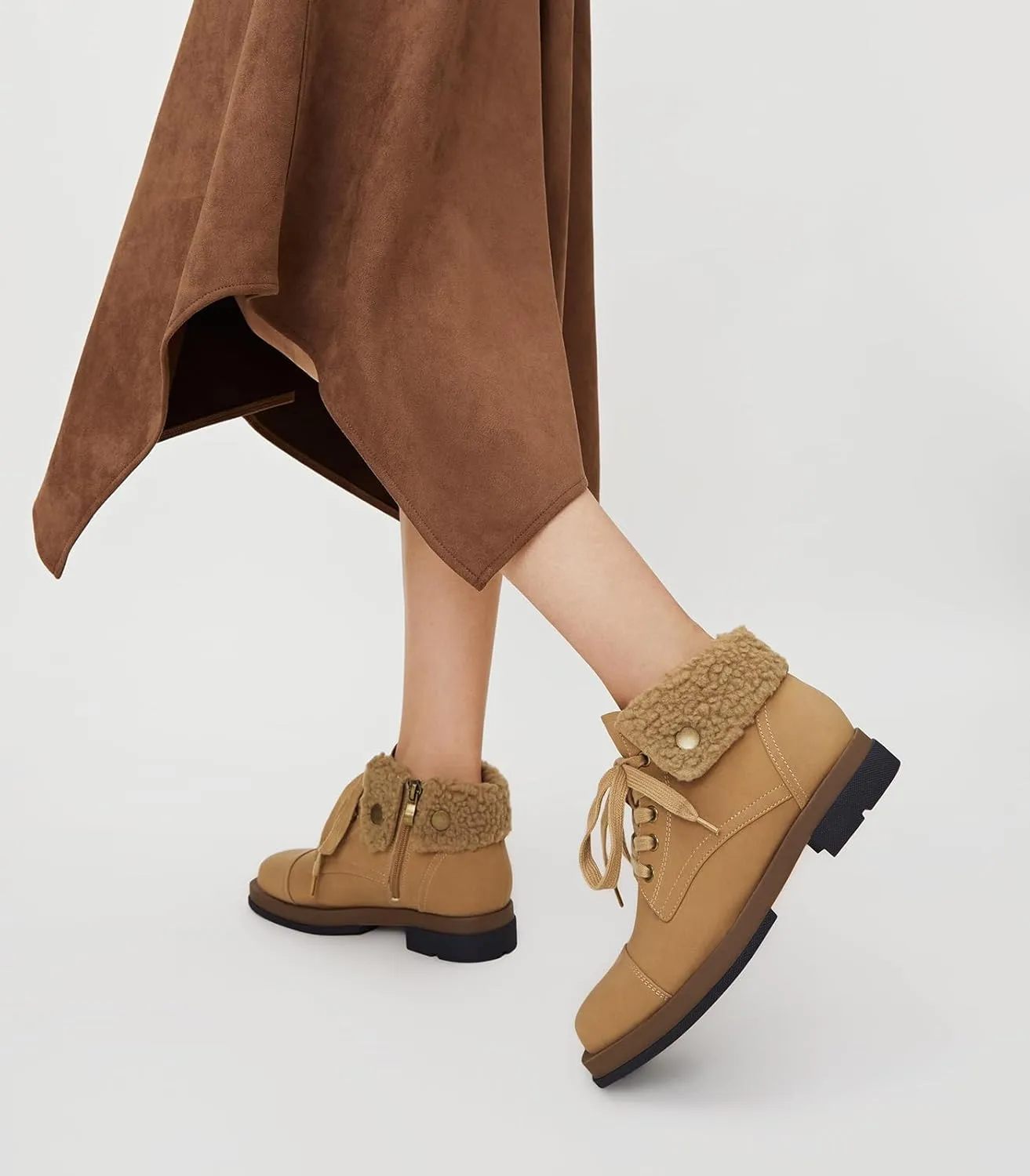 Arromic Winter Warm Fur Lined Ankle Boots for Women Lace Up anti-slip Combat Side Zipper Square Toe Low Heel Booties