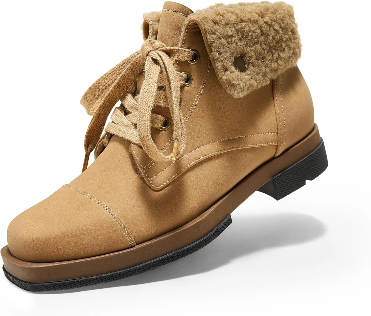 Arromic Winter Warm Fur Lined Ankle Boots for Women Lace Up anti-slip Combat Side Zipper Square Toe Low Heel Booties