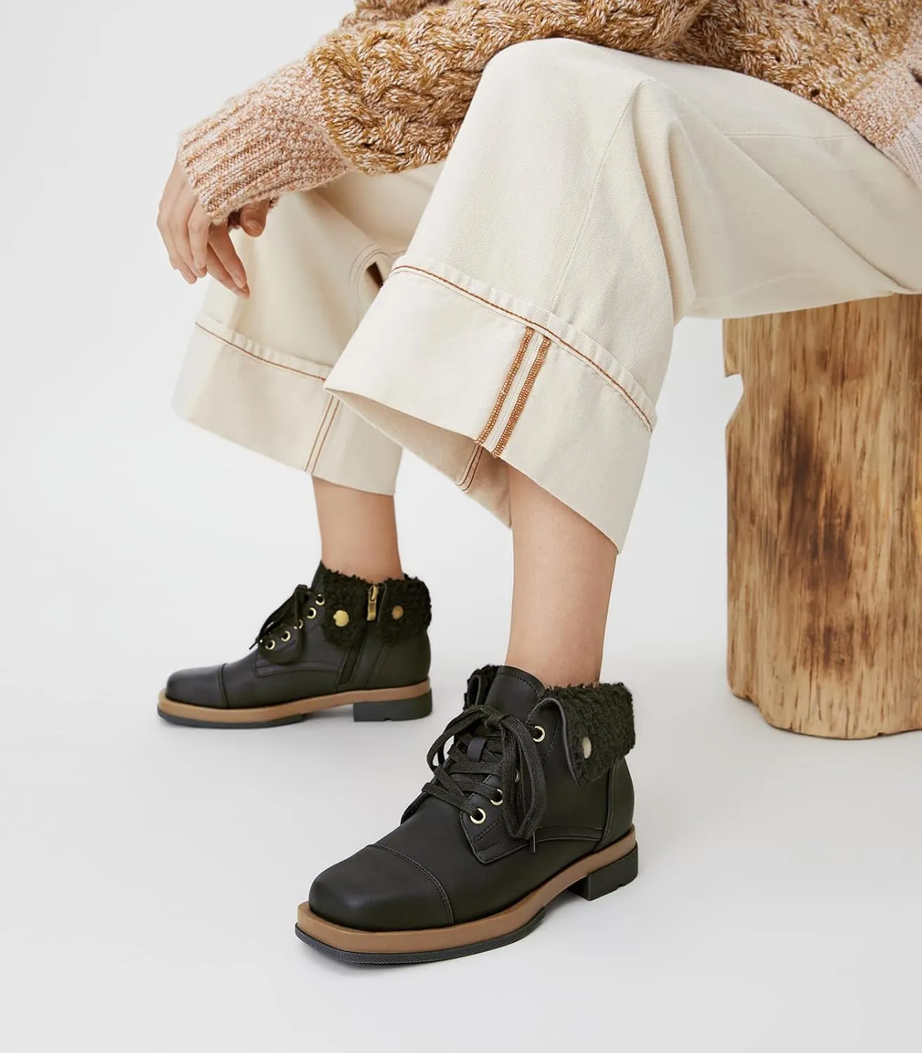 Arromic Winter Warm Fur Lined Ankle Boots for Women Lace Up anti-slip Combat Side Zipper Square Toe Low Heel Booties