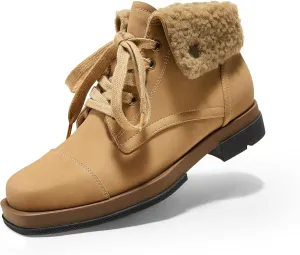 Arromic Winter Warm Fur Lined Ankle Boots for Women Lace Up anti-slip Combat Side Zipper Square Toe Low Heel Booties
