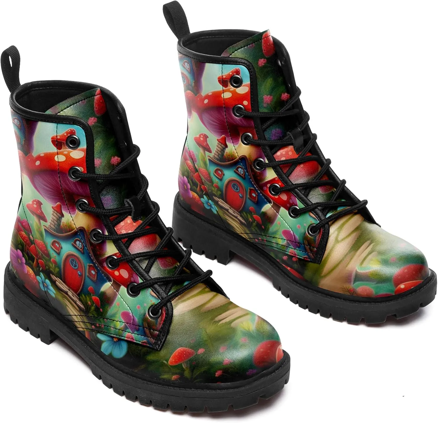 Artistic Mushroom Mid-Top Combat Boots Men's Women's Floral Lace-Up Ankle Shoes for Hiking,Street Wear,Casual Walking