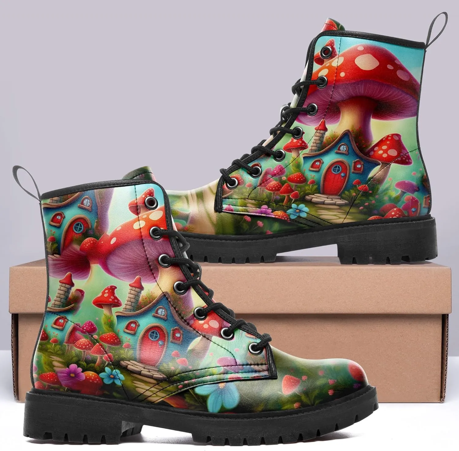 Artistic Mushroom Mid-Top Combat Boots Men's Women's Floral Lace-Up Ankle Shoes for Hiking,Street Wear,Casual Walking