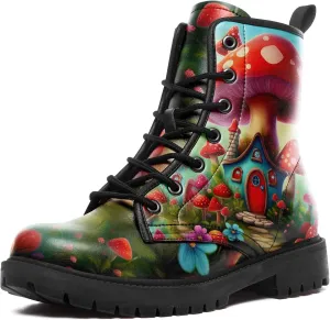 Artistic Mushroom Mid-Top Combat Boots Men's Women's Floral Lace-Up Ankle Shoes for Hiking,Street Wear,Casual Walking