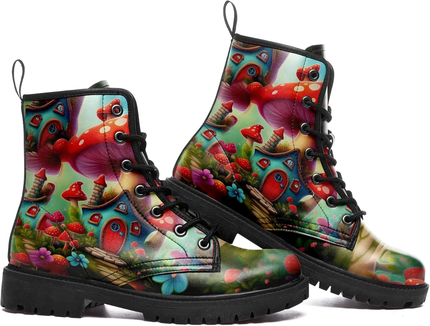 Artistic Mushroom Mid-Top Combat Boots Men's Women's Floral Lace-Up Ankle Shoes for Hiking,Street Wear,Casual Walking