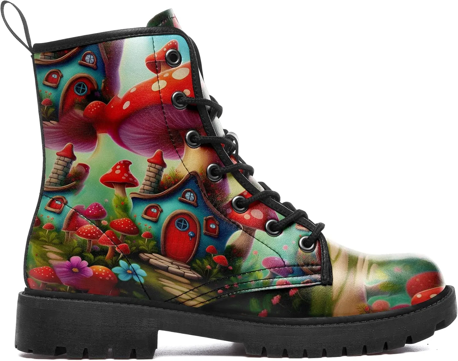 Artistic Mushroom Mid-Top Combat Boots Men's Women's Floral Lace-Up Ankle Shoes for Hiking,Street Wear,Casual Walking