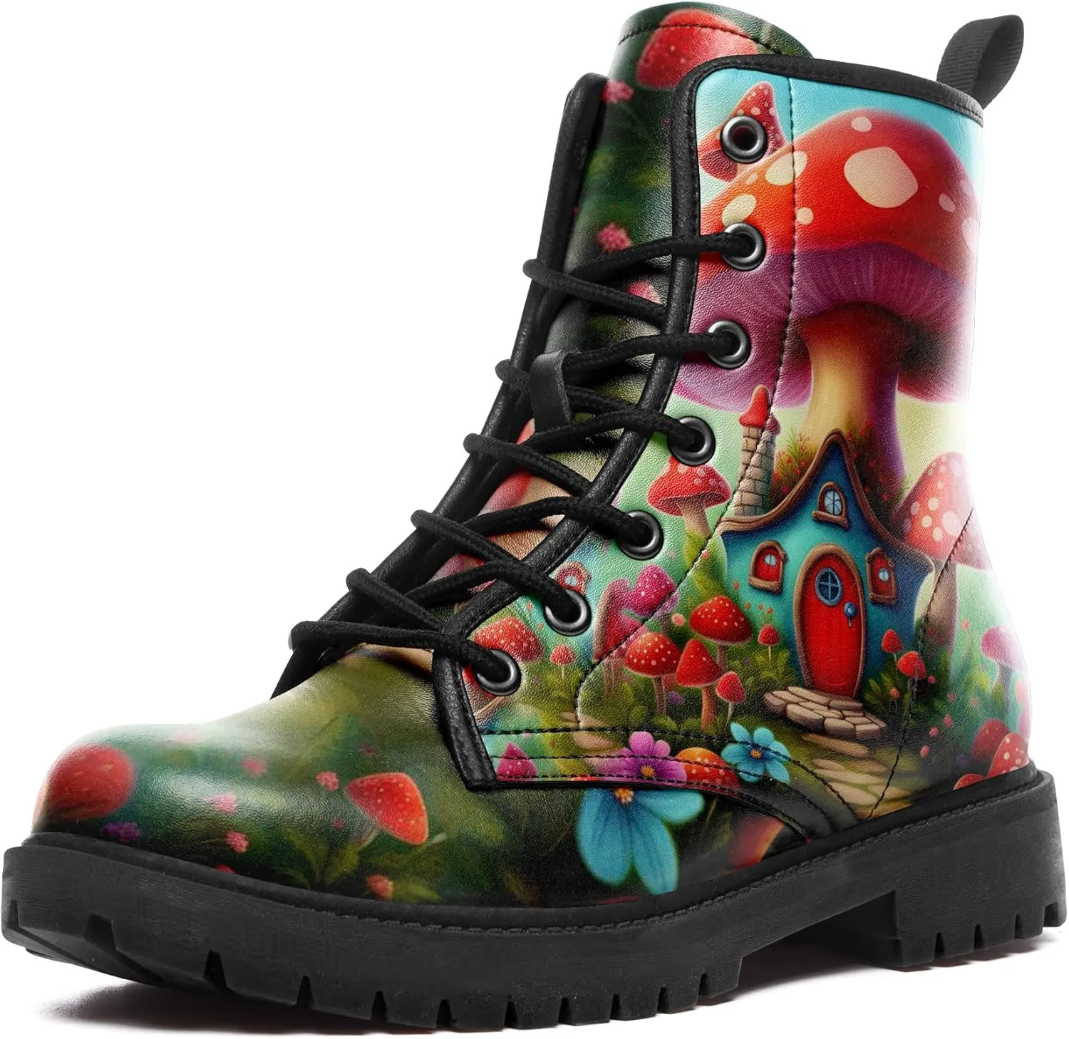Artistic Mushroom Mid-Top Combat Boots Men's Women's Floral Lace-Up Ankle Shoes for Hiking,Street Wear,Casual Walking