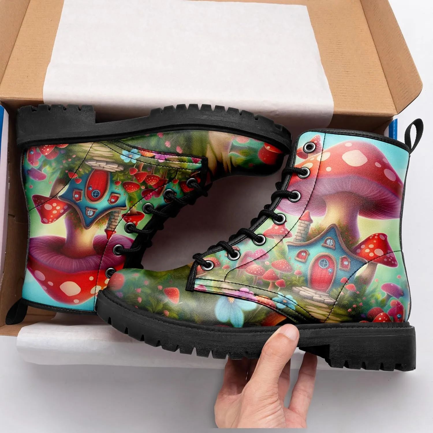 Artistic Mushroom Mid-Top Combat Boots Men's Women's Floral Lace-Up Ankle Shoes for Hiking,Street Wear,Casual Walking