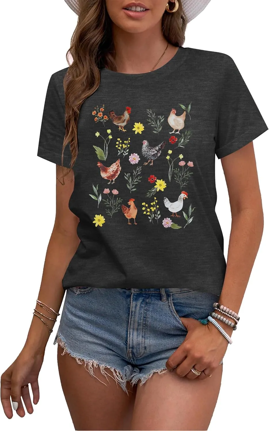 ASTANFY Chicken Shirt Women Wildflower Chicken Shirt Cute Chicken Mom T-Shirt Farm Country Casual Tee Tops