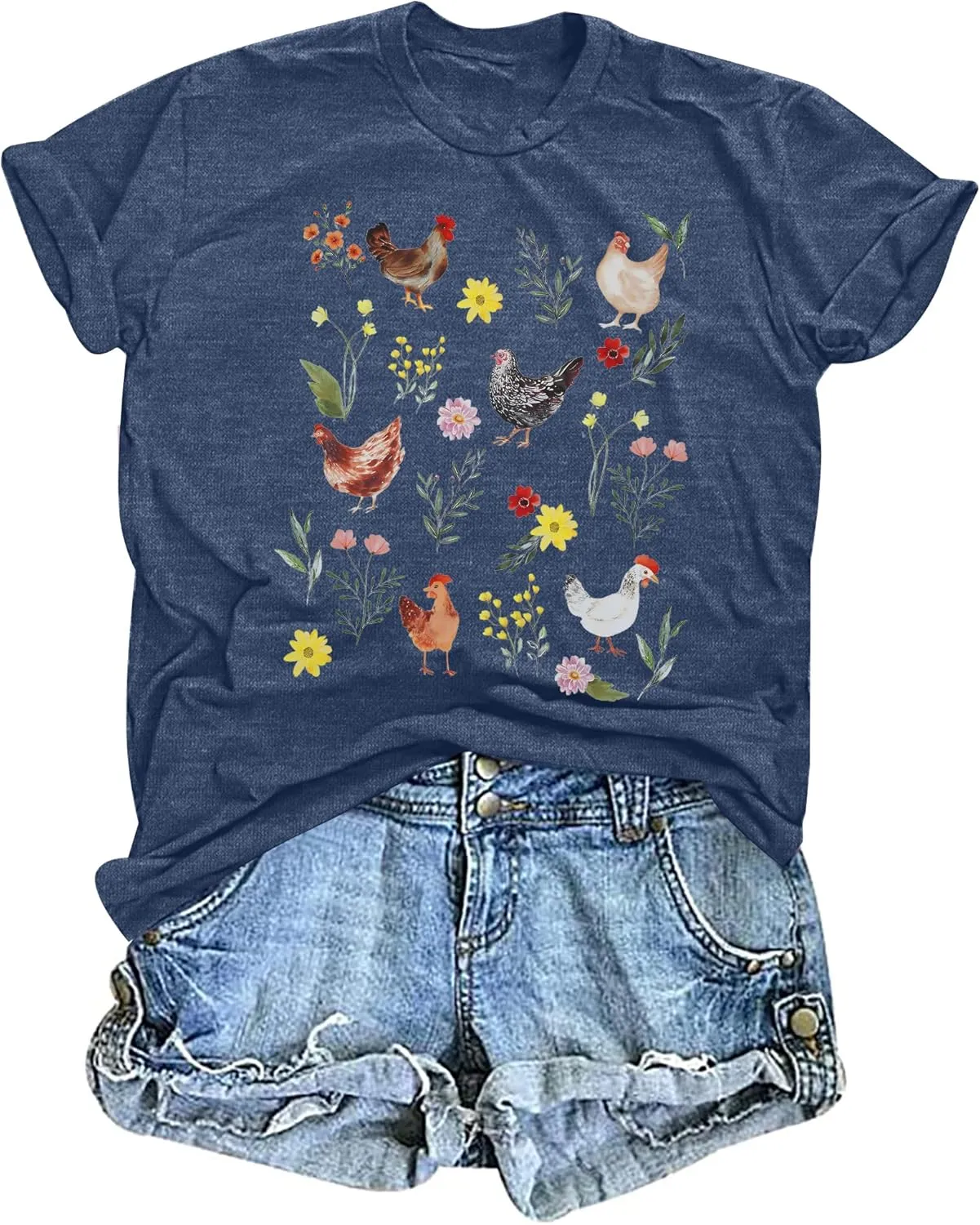 ASTANFY Chicken Shirt Women Wildflower Chicken Shirt Cute Chicken Mom T-Shirt Farm Country Casual Tee Tops