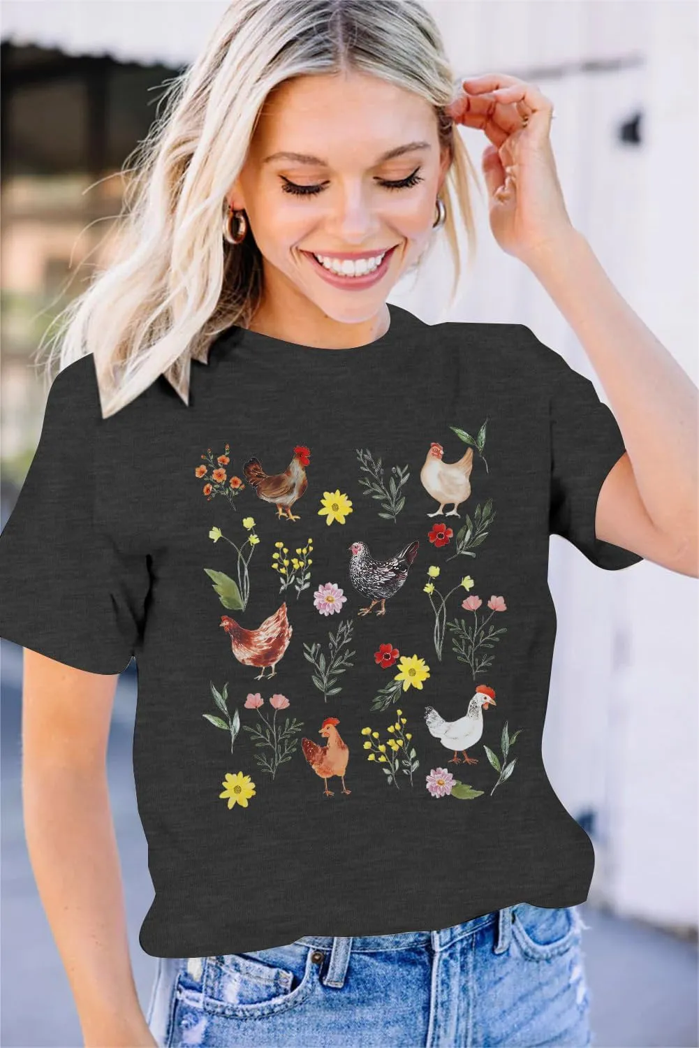 ASTANFY Chicken Shirt Women Wildflower Chicken Shirt Cute Chicken Mom T-Shirt Farm Country Casual Tee Tops