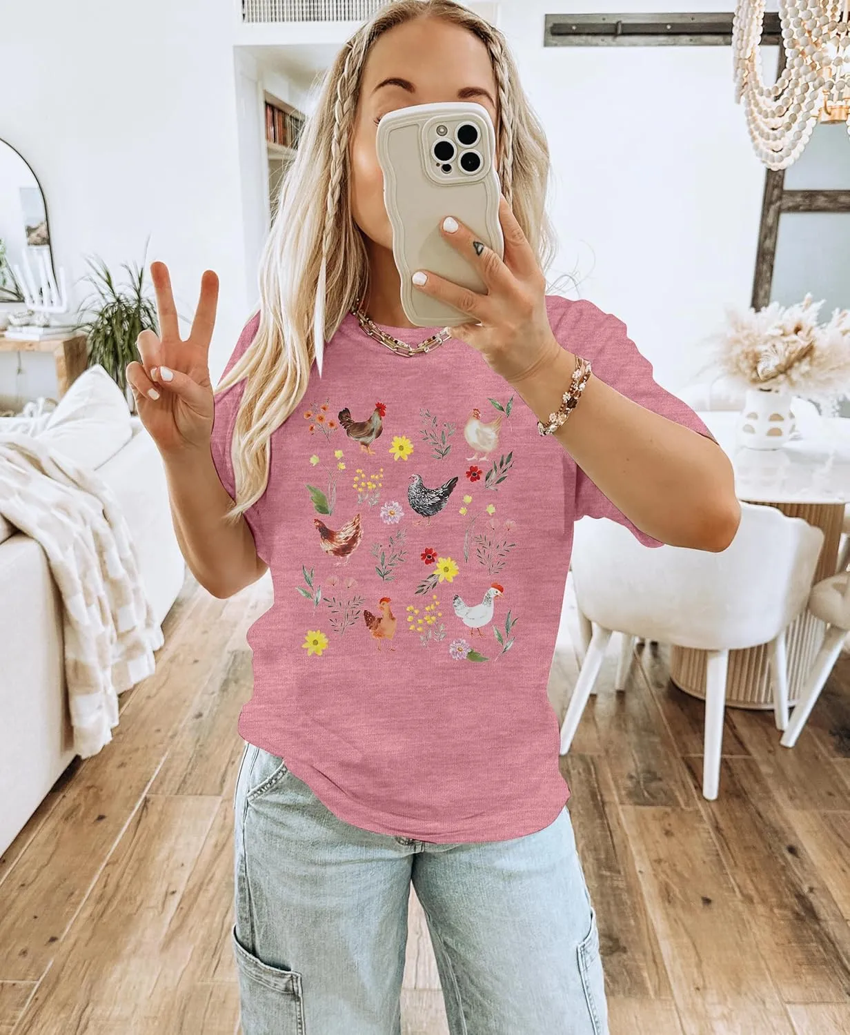 ASTANFY Chicken Shirt Women Wildflower Chicken Shirt Cute Chicken Mom T-Shirt Farm Country Casual Tee Tops