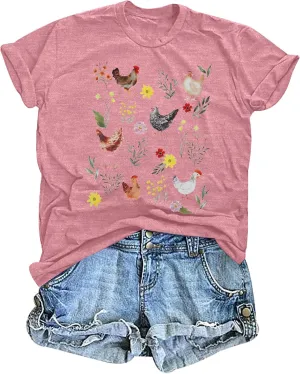 ASTANFY Chicken Shirt Women Wildflower Chicken Shirt Cute Chicken Mom T-Shirt Farm Country Casual Tee Tops