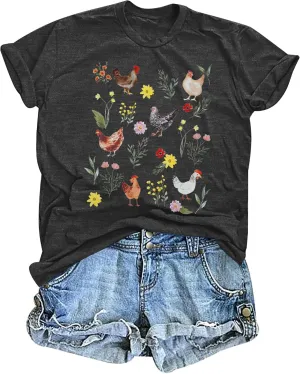 ASTANFY Chicken Shirt Women Wildflower Chicken Shirt Cute Chicken Mom T-Shirt Farm Country Casual Tee Tops