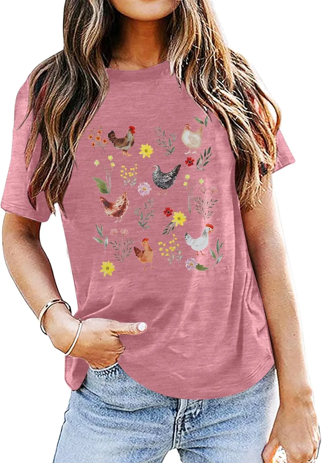 ASTANFY Chicken Shirt Women Wildflower Chicken Shirt Cute Chicken Mom T-Shirt Farm Country Casual Tee Tops
