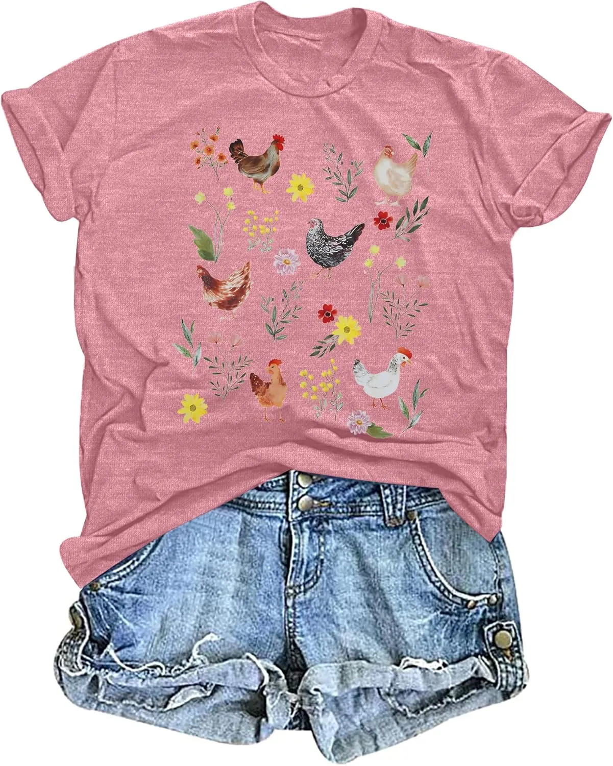 ASTANFY Chicken Shirt Women Wildflower Chicken Shirt Cute Chicken Mom T-Shirt Farm Country Casual Tee Tops