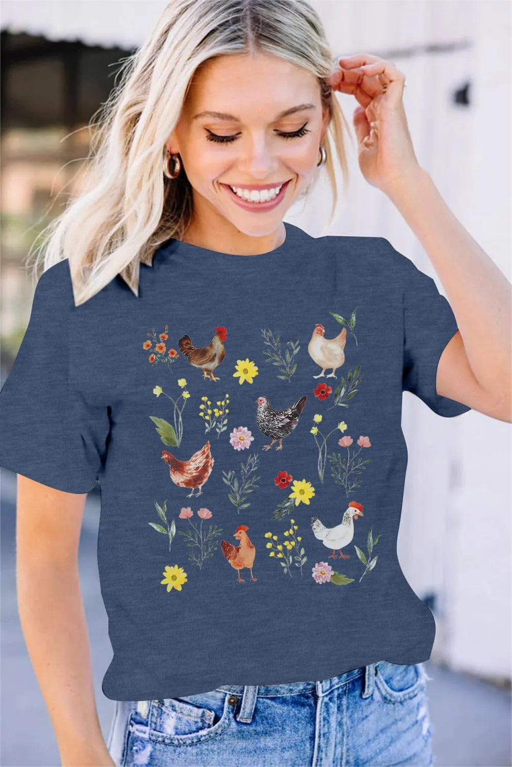 ASTANFY Chicken Shirt Women Wildflower Chicken Shirt Cute Chicken Mom T-Shirt Farm Country Casual Tee Tops