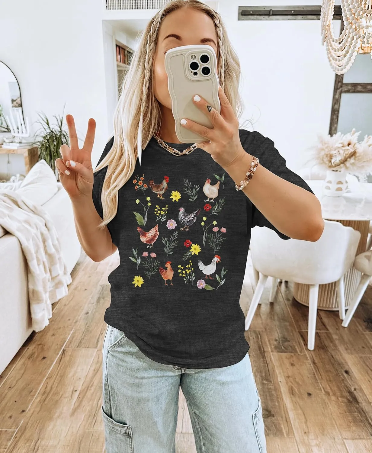 ASTANFY Chicken Shirt Women Wildflower Chicken Shirt Cute Chicken Mom T-Shirt Farm Country Casual Tee Tops