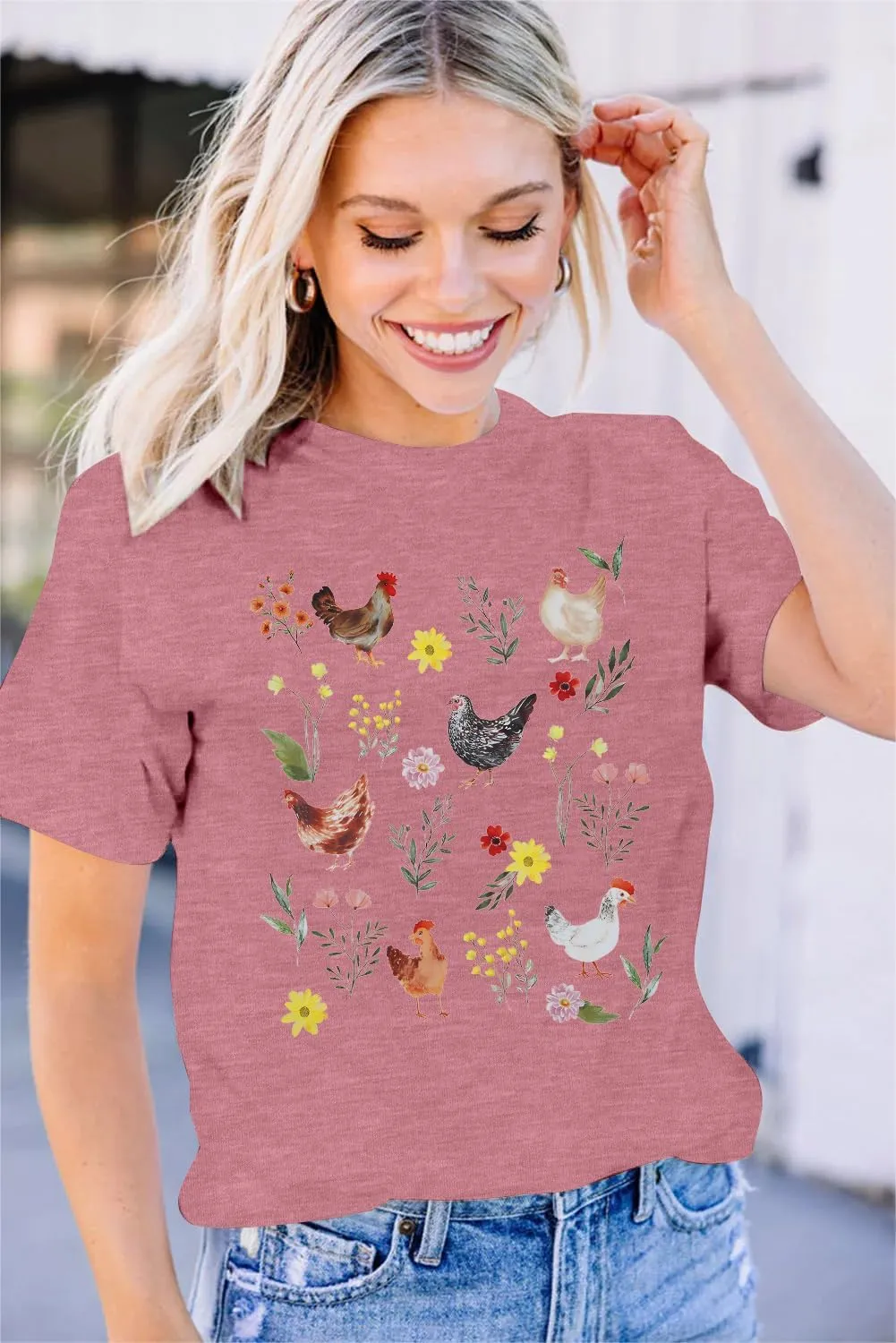 ASTANFY Chicken Shirt Women Wildflower Chicken Shirt Cute Chicken Mom T-Shirt Farm Country Casual Tee Tops