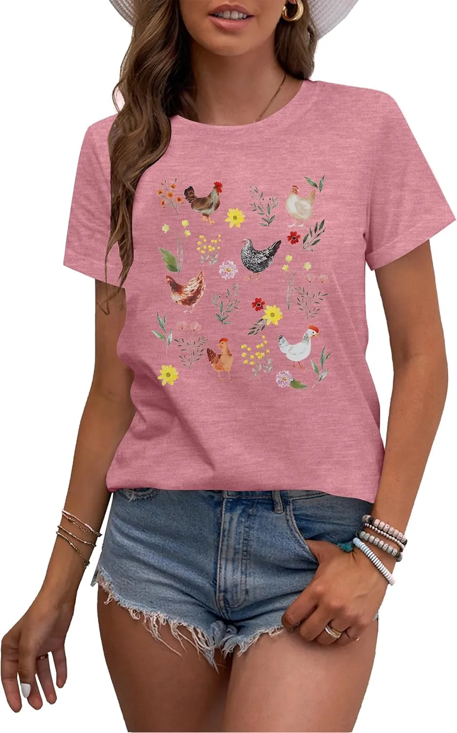 ASTANFY Chicken Shirt Women Wildflower Chicken Shirt Cute Chicken Mom T-Shirt Farm Country Casual Tee Tops