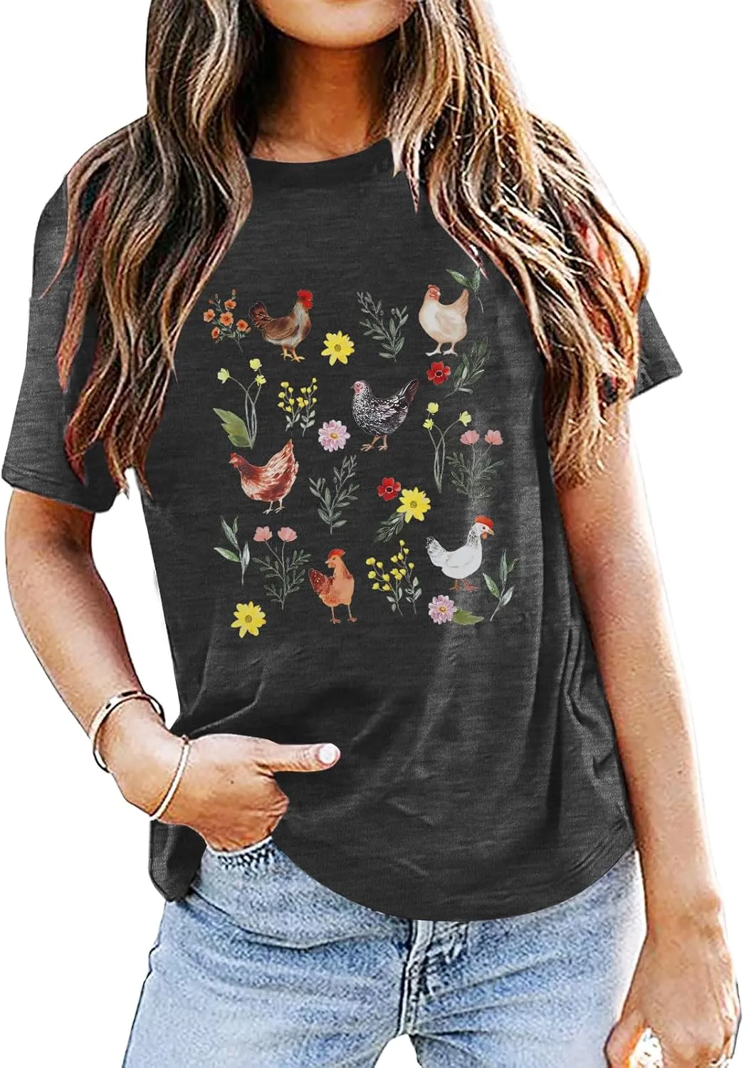 ASTANFY Chicken Shirt Women Wildflower Chicken Shirt Cute Chicken Mom T-Shirt Farm Country Casual Tee Tops