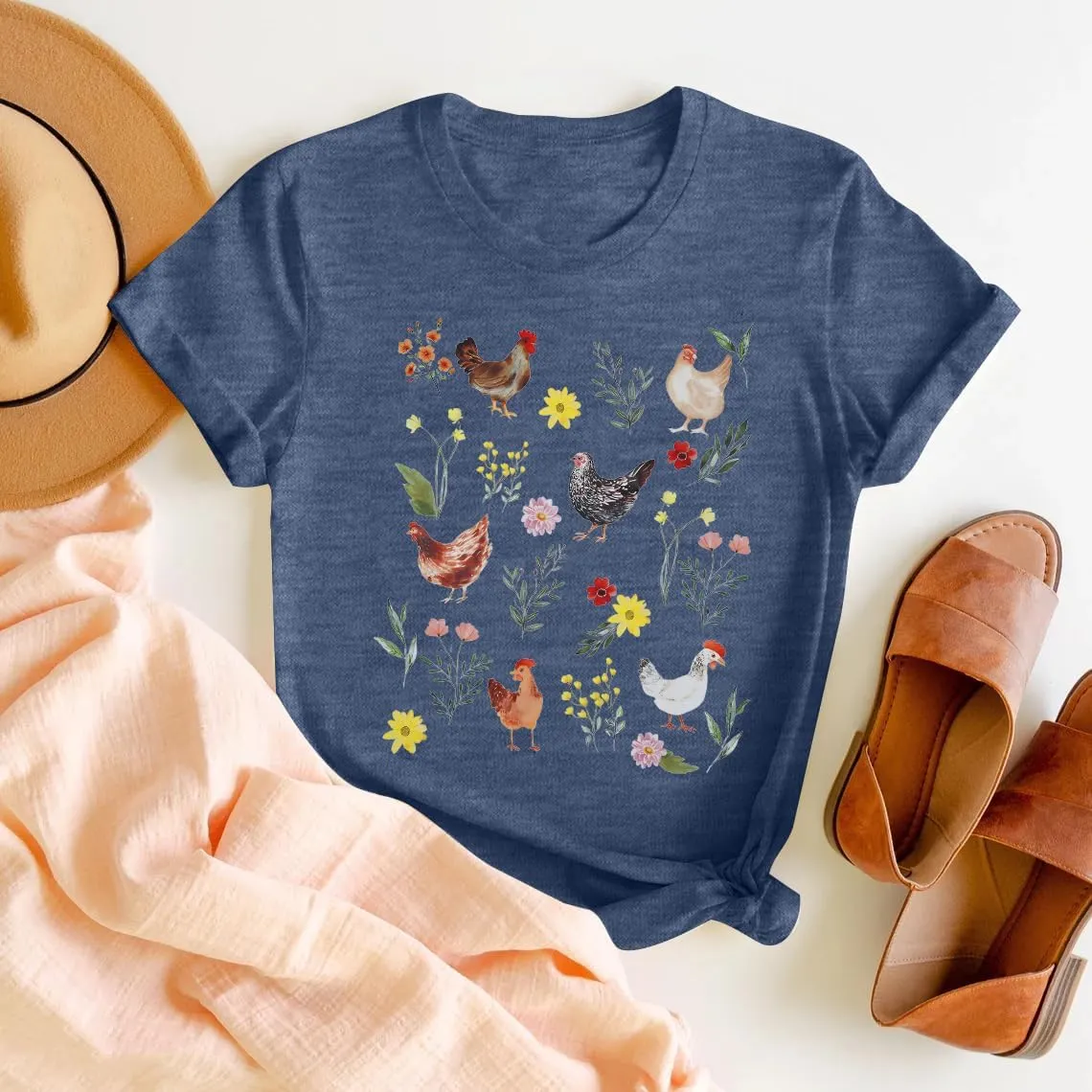 ASTANFY Chicken Shirt Women Wildflower Chicken Shirt Cute Chicken Mom T-Shirt Farm Country Casual Tee Tops