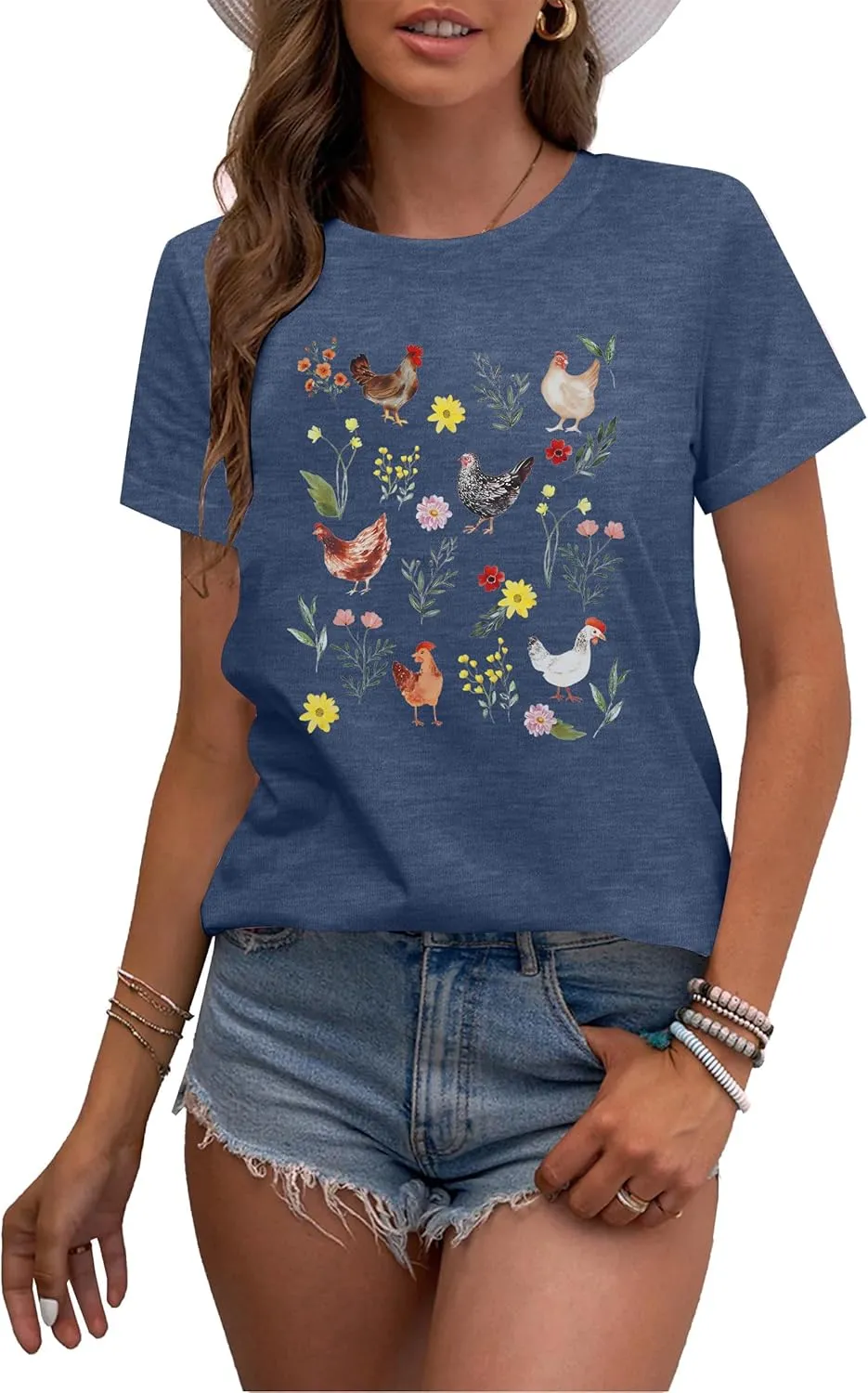 ASTANFY Chicken Shirt Women Wildflower Chicken Shirt Cute Chicken Mom T-Shirt Farm Country Casual Tee Tops