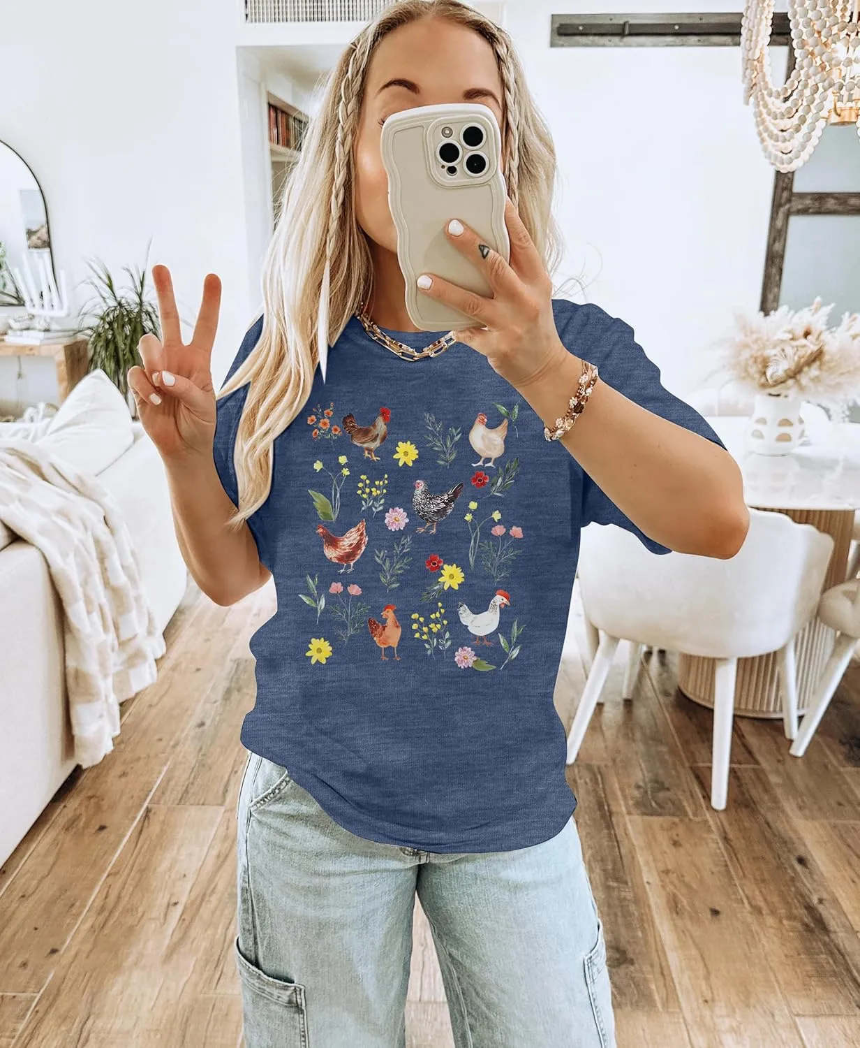 ASTANFY Chicken Shirt Women Wildflower Chicken Shirt Cute Chicken Mom T-Shirt Farm Country Casual Tee Tops