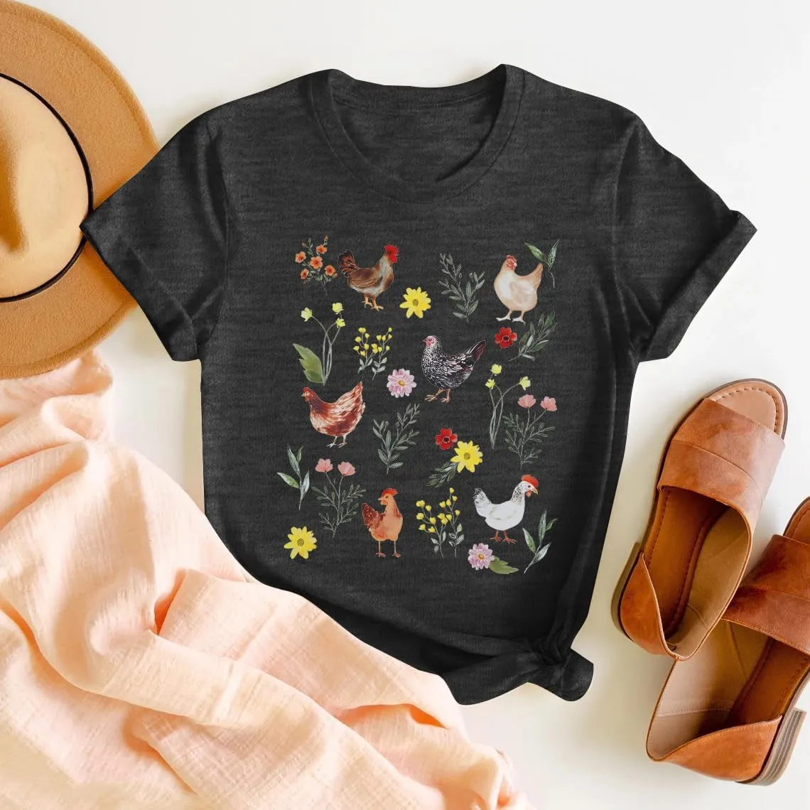 ASTANFY Chicken Shirt Women Wildflower Chicken Shirt Cute Chicken Mom T-Shirt Farm Country Casual Tee Tops