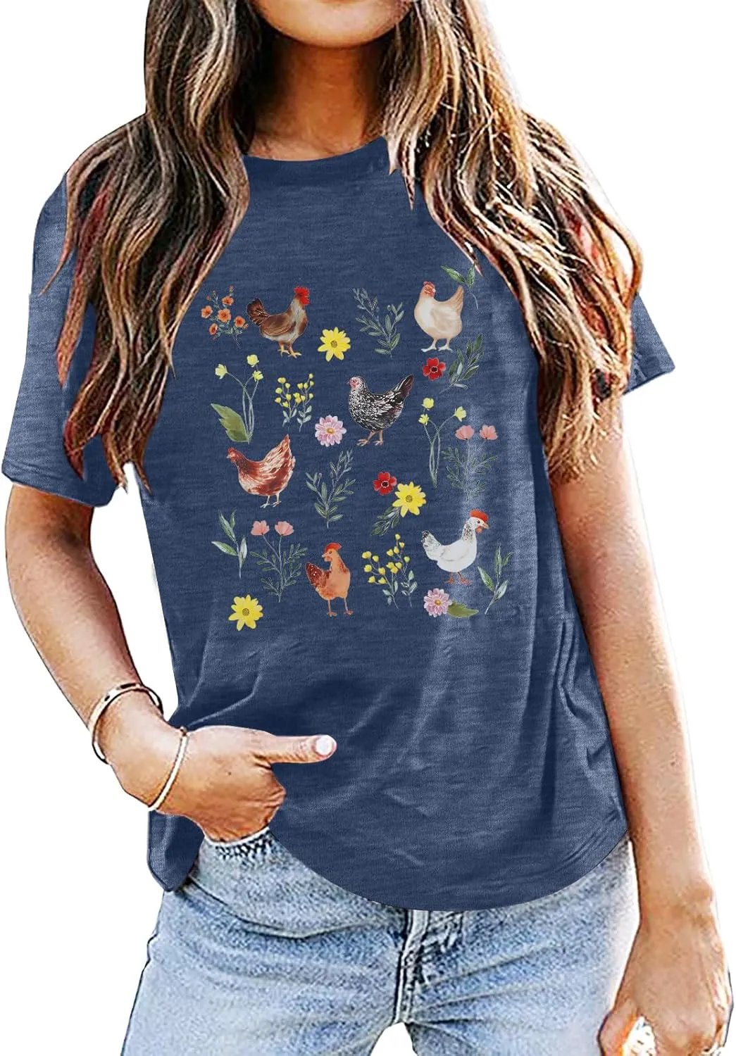 ASTANFY Chicken Shirt Women Wildflower Chicken Shirt Cute Chicken Mom T-Shirt Farm Country Casual Tee Tops