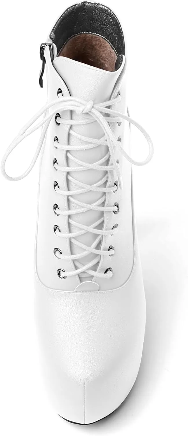 AUMOTED Women's Ankle Boots Platform Round Toe Combat Boots Stiletto High Heel Booties Sexy Fashion 6.3" Lace Up Zipper Warm Short Boots
