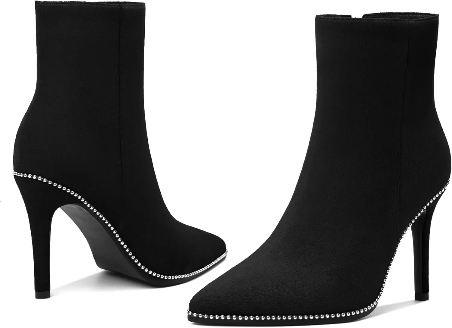AUMOTED Women's Ankle Boots Pointed Toe Stiletto High Heel Ankle Booties with Beaded Short Bootie Zipper 3.7 Inch Autumn Winter Dress Ladies Boots