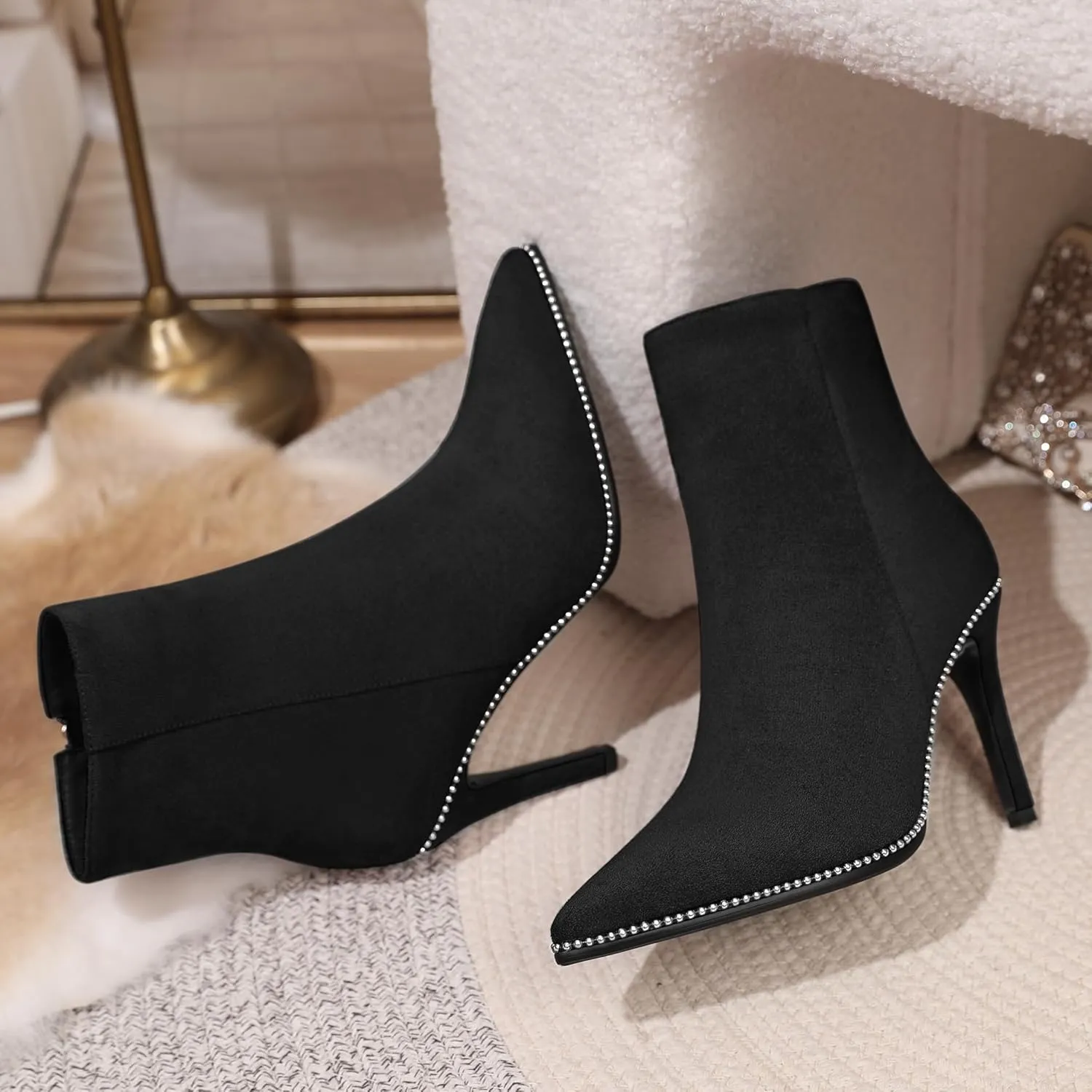 AUMOTED Women's Ankle Boots Pointed Toe Stiletto High Heel Ankle Booties with Beaded Short Bootie Zipper 3.7 Inch Autumn Winter Dress Ladies Boots