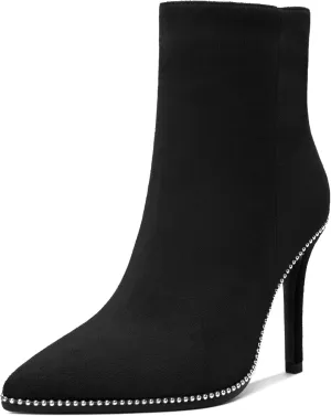 AUMOTED Women's Ankle Boots Pointed Toe Stiletto High Heel Ankle Booties with Beaded Short Bootie Zipper 3.7 Inch Autumn Winter Dress Ladies Boots