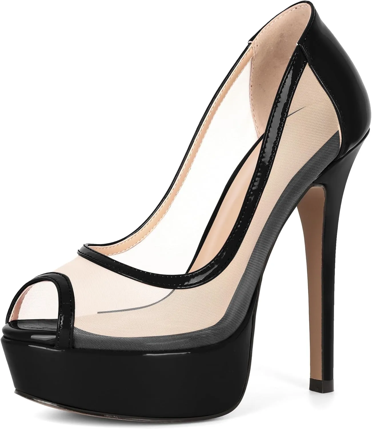 AUMOTED Women's Mesh Peep Toe Platform Pumps Slip On Sexy Stiletto High Heels