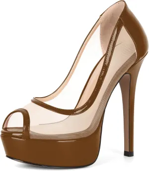 AUMOTED Women's Mesh Peep Toe Platform Pumps Slip On Sexy Stiletto High Heels