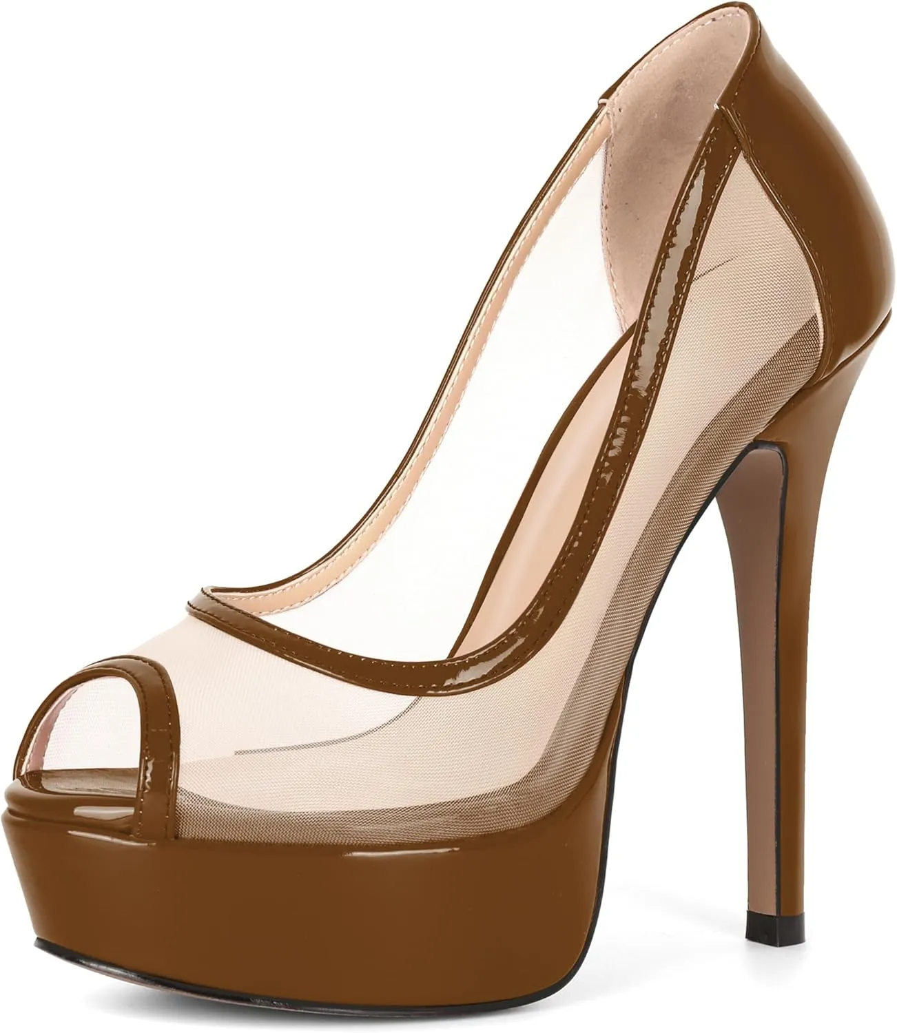 AUMOTED Women's Mesh Peep Toe Platform Pumps Slip On Sexy Stiletto High Heels