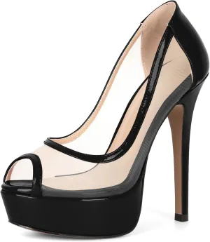AUMOTED Women's Mesh Peep Toe Platform Pumps Slip On Sexy Stiletto High Heels