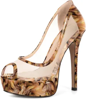 AUMOTED Women's Mesh Peep Toe Platform Pumps Slip On Sexy Stiletto High Heels
